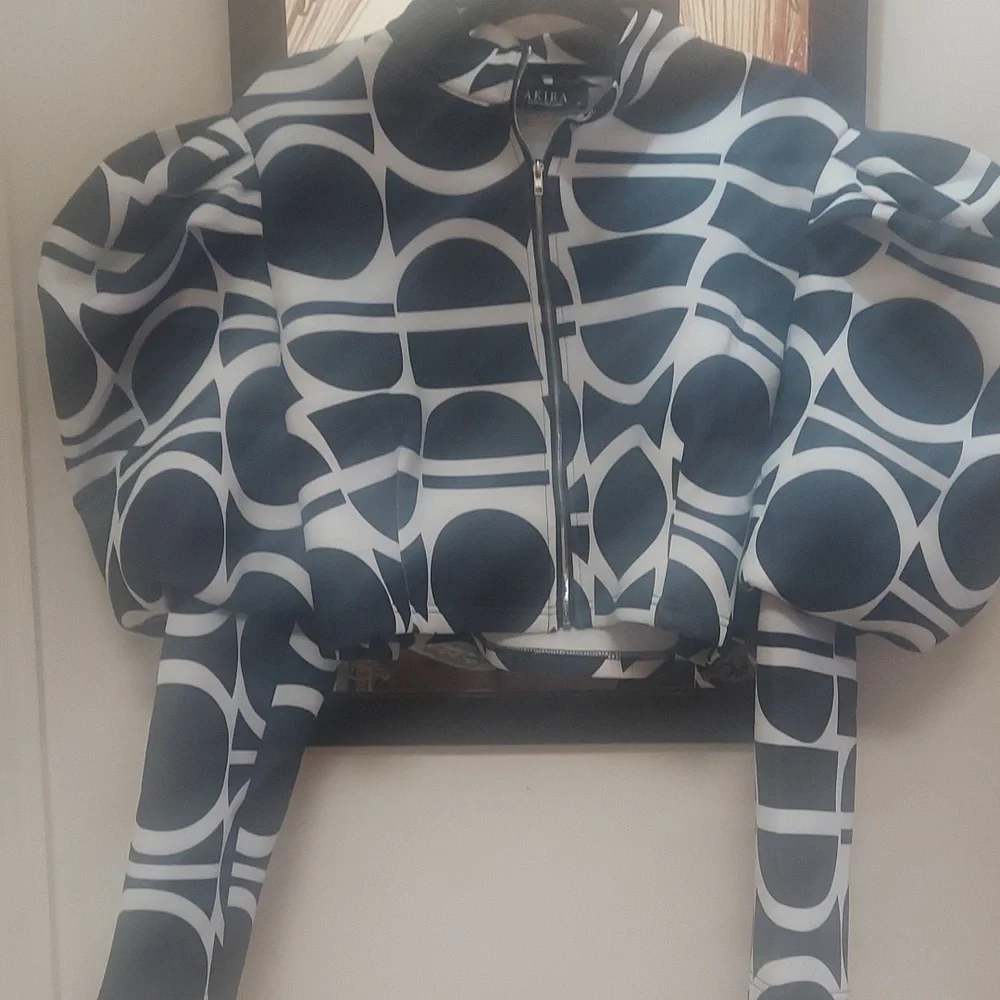 AKIRA Black and White Geometric Bomber Jacket - Picture 4 of 9